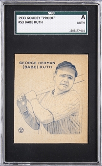 1933 Goudey #53 Babe Ruth Proof Card – SGC Authentic "1 of 1!"